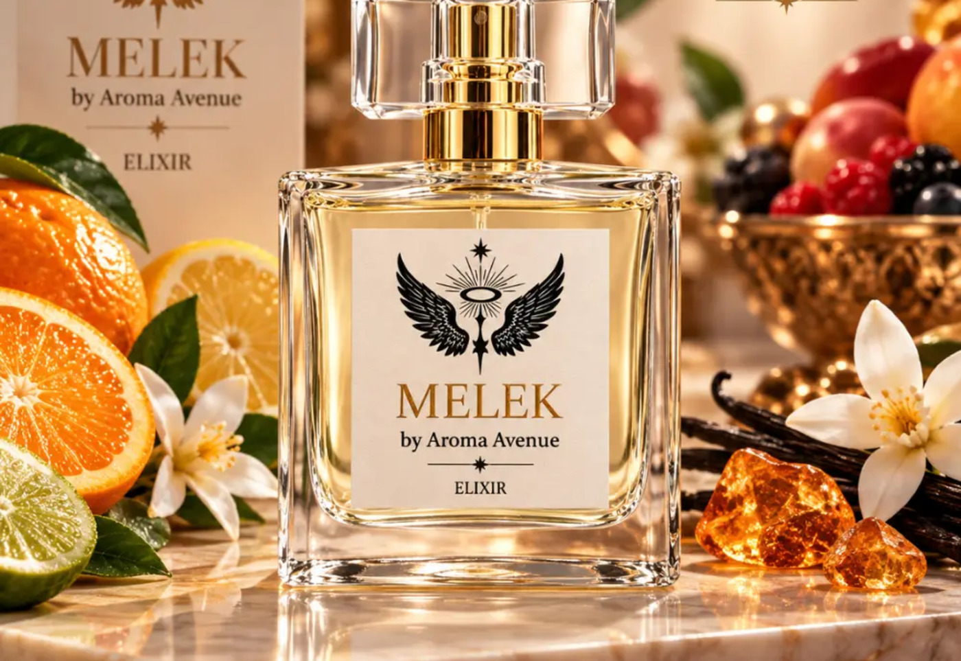 Melek Eau de Parfum Elixir — sticla si cutia, alaturi de citrice, vanilie si ambra